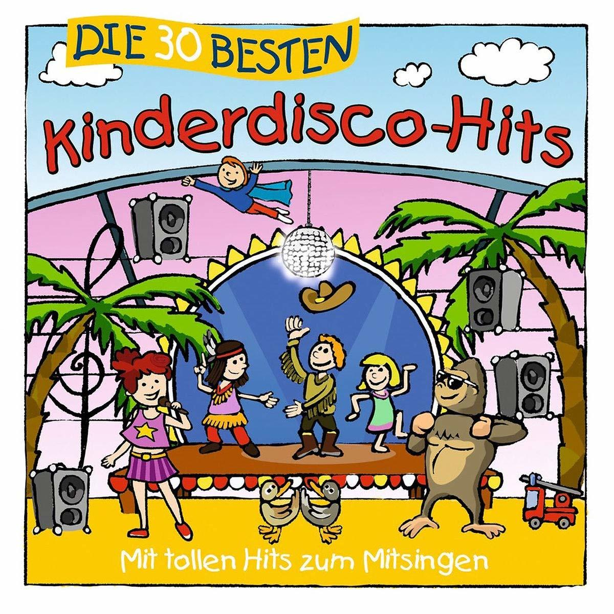 CD-Cover: Cartoon mit tanzenden Leuten und einem Gorilla. Text: Die 30 Besten Kinderdisco-Hits.