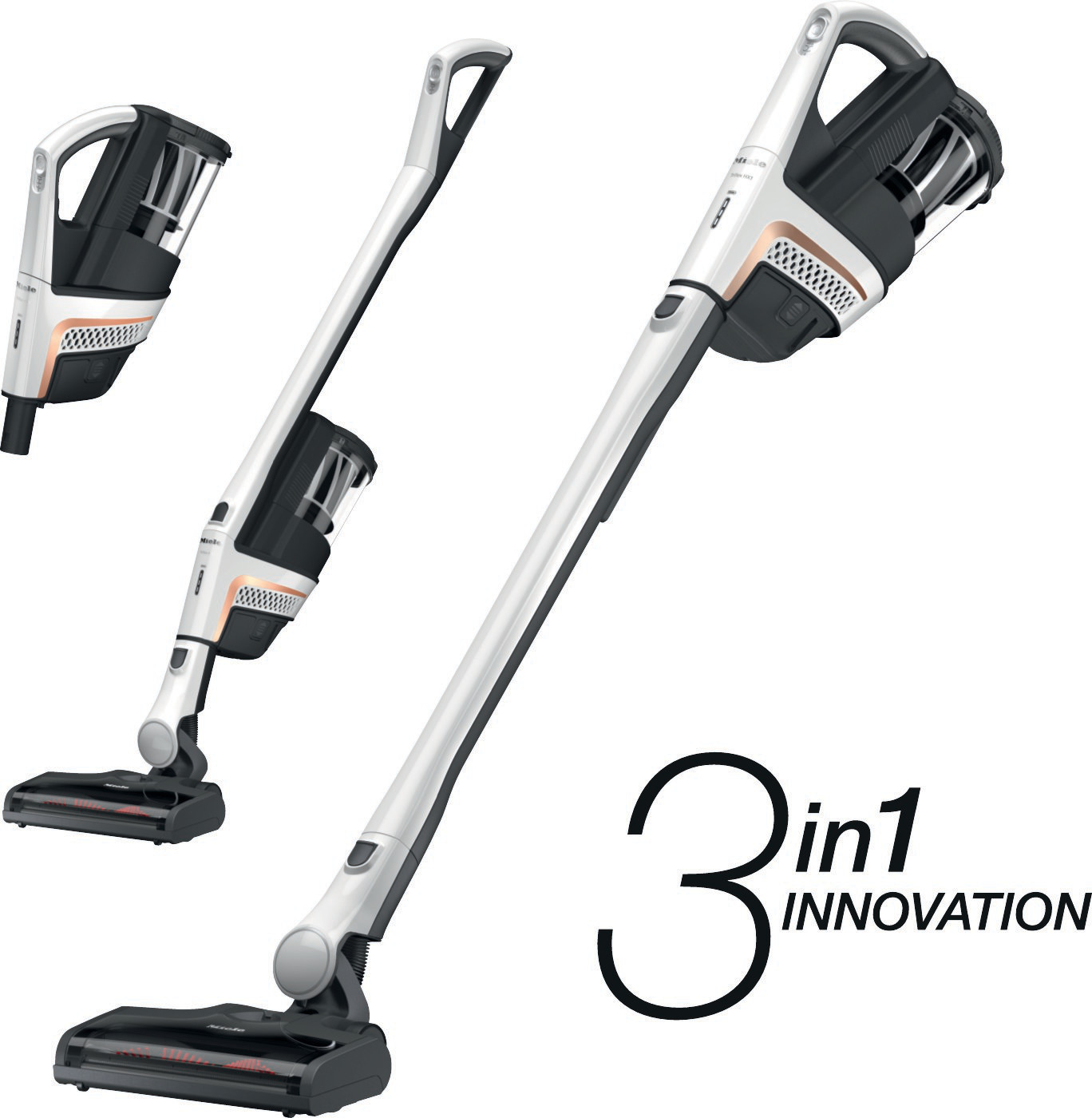 Weißer und schwarzer Miele Staubsauger. Drei Ansichten. 3in1 Innovation Text.