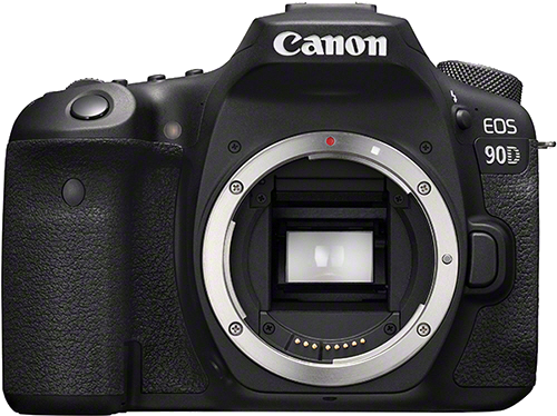 Eine schwarze Canon EOS 90D Kamera mit Objektivanschluss, Knöpfen und Top-Display, vor weißem Hintergrund.