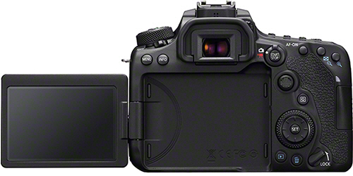 Rückseite einer schwarzen Canon Kamera mit geöffnetem LCD-Bildschirm, der das Objektiv zeigt.