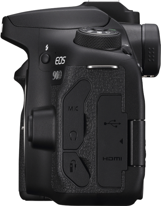 Seitenansicht einer schwarzen Canon EOS 90D Kamera mit Knöpfen und Anschlüssen. Die Kamera ist schwarz.