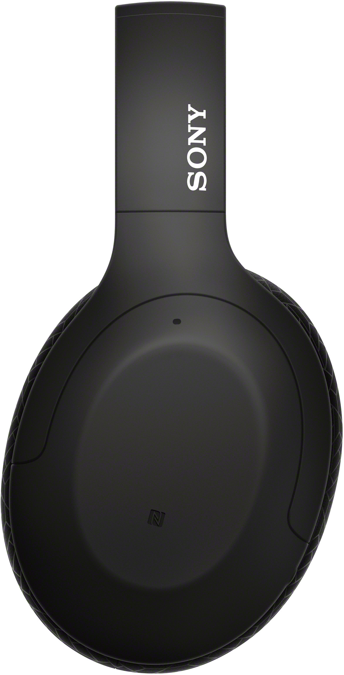 Schwarze Sony-Kopfhörer. Das Wort SONY steht auf dem oberen Bogen.