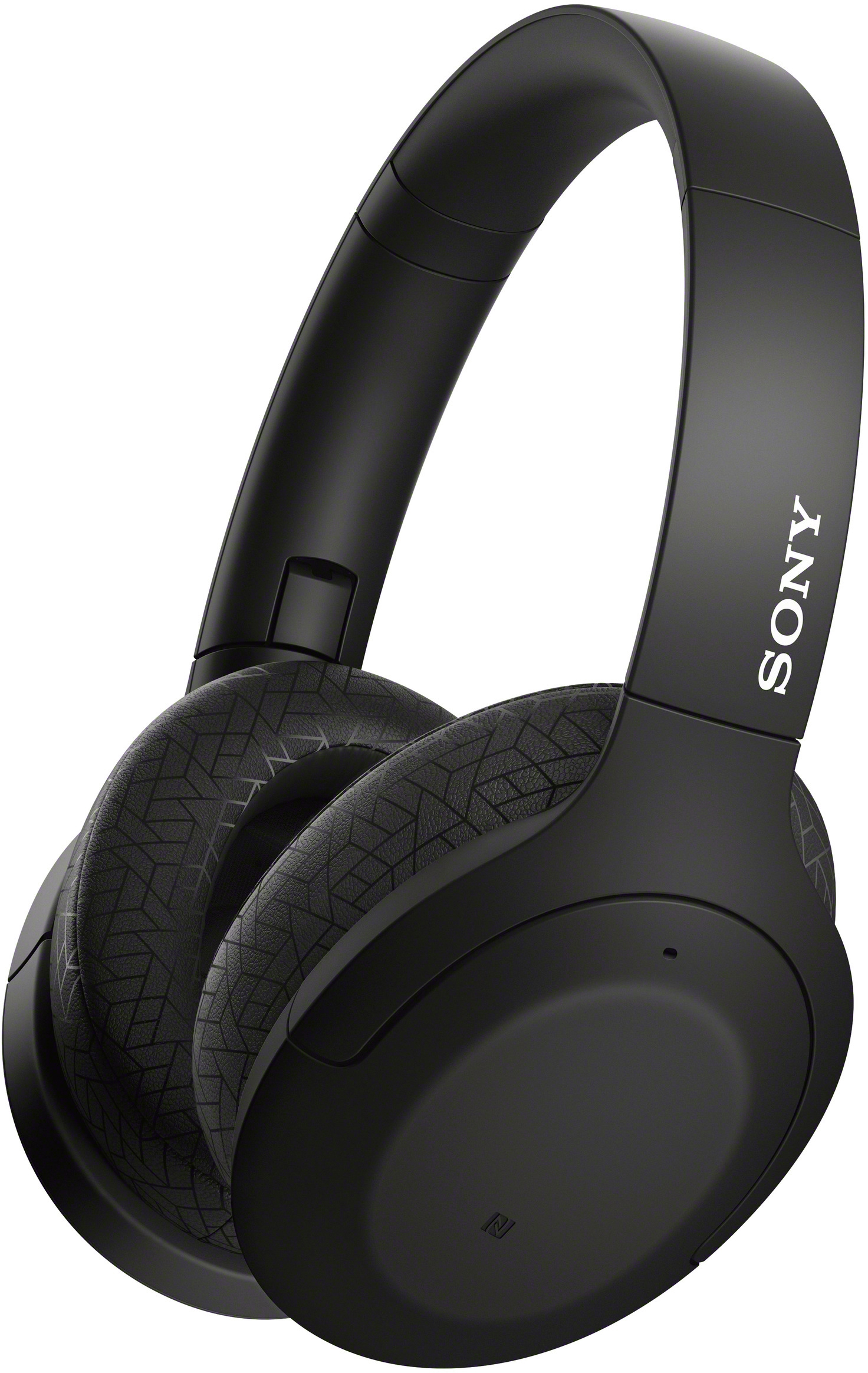 Schwarze Sony-Kopfhörer auf weißem Hintergrund, angewinkelt, mit dem Sony-Logo sichtbar.