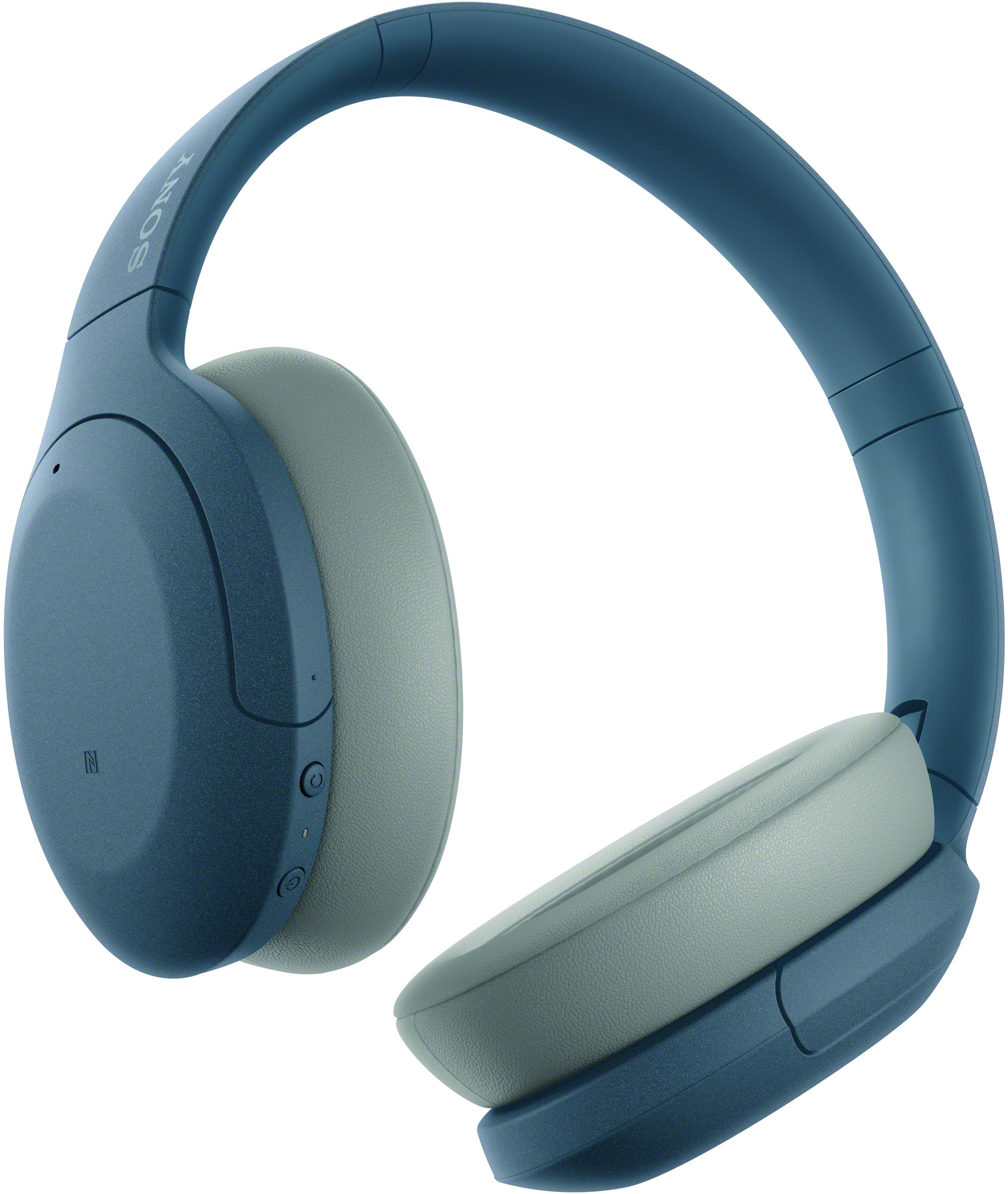 Blaue Sony-Kopfhörer mit grauen Ohrmuscheln, nach rechts angewinkelt.