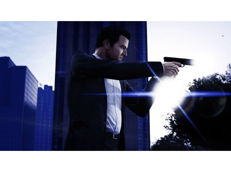 Hombre en traje apuntando con una pistola con fondo de ciudad, destello brillante.