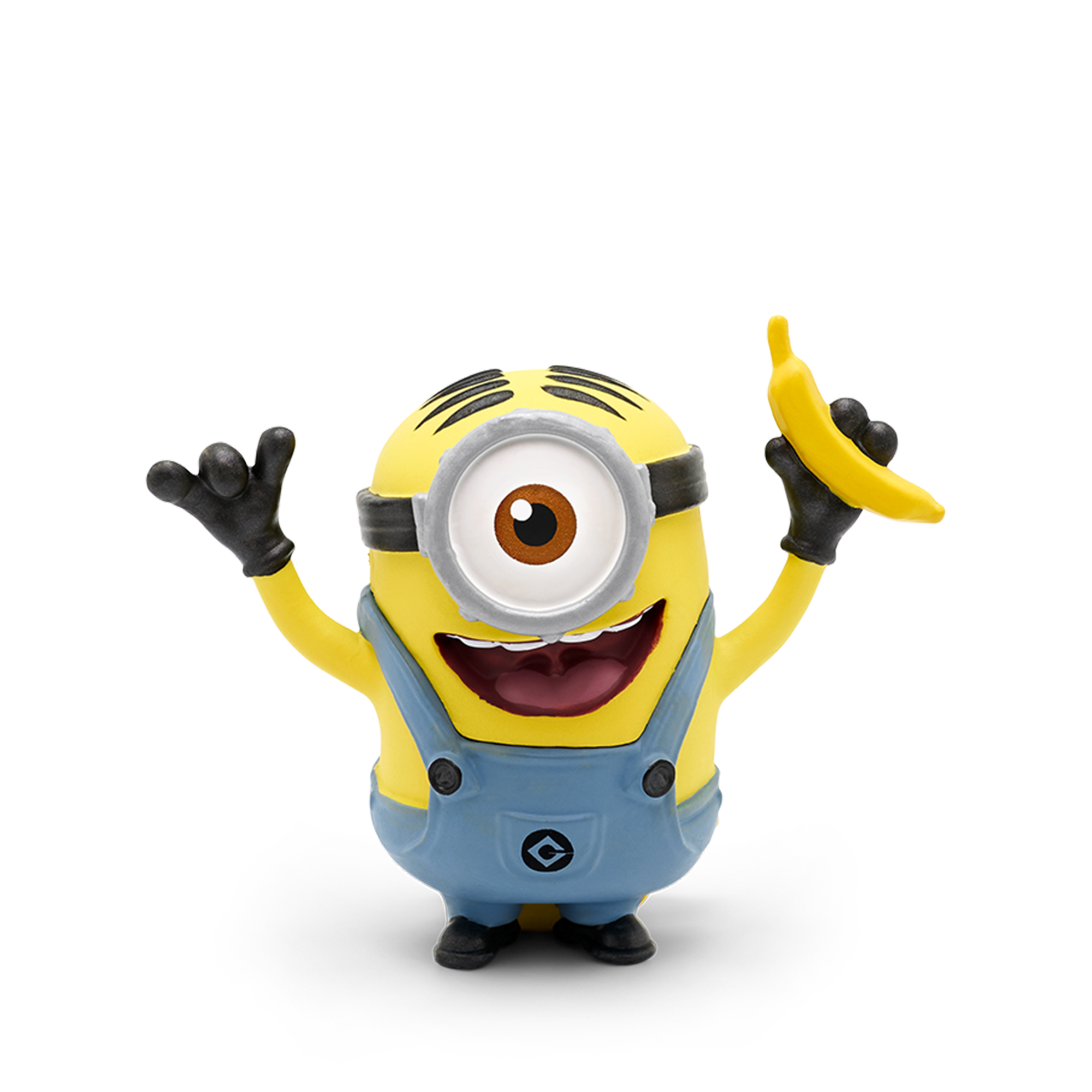 Ein gelbes Minion-Spielzeug, das eine Banane hält, auf weißem Hintergrund. Er lächelt.