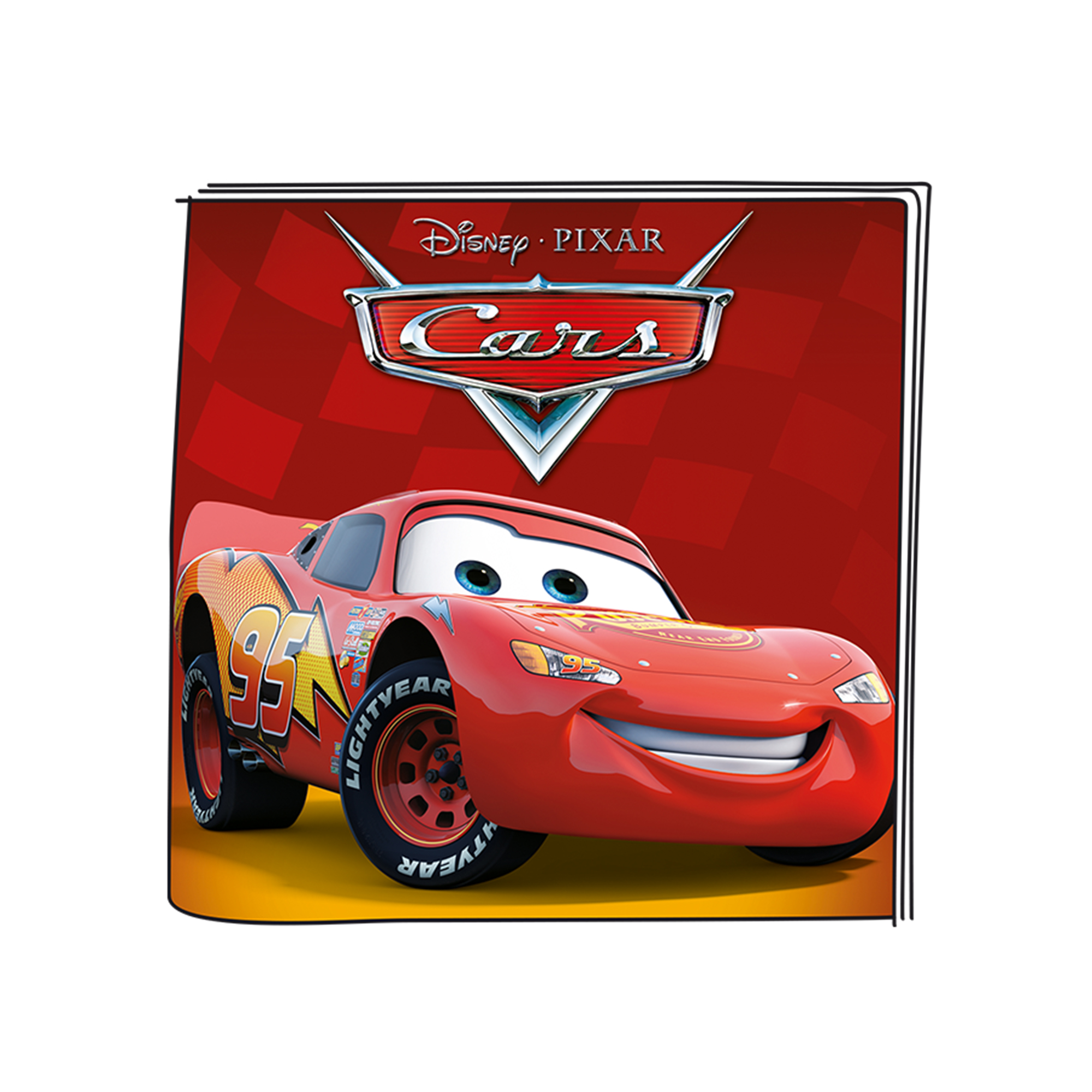 Lightning McQueen aus Cars, rotes Auto mit der Nummer 95, auf rot-gelbem Schachbrettmuster-Hintergrund.