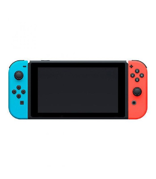 Consola Nintendo Switch, mostrando pantalla y mandos. Colores azul y rojo.