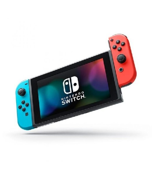 Consola Nintendo Switch con Joy-Cons rojos y azules. Inclinada en ángulo.