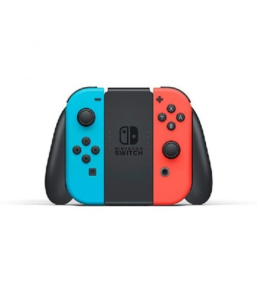 Joy-Cons de Nintendo Switch en azul y rojo, con agarres negros, sobre fondo blanco.