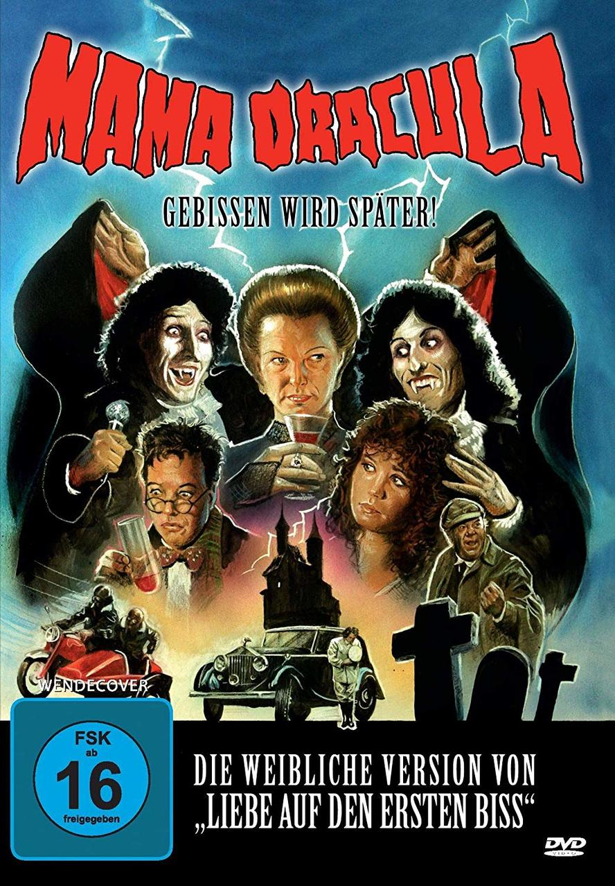 Filmposter für 'Mama Dracula'. Mehrere Charaktere in dunkler, humorvoller Umgebung.