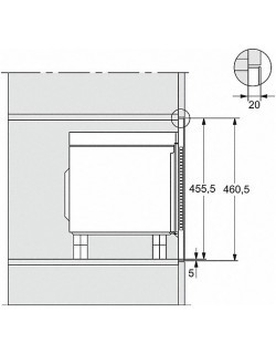 Dibujo técnico de un horno empotrado con dimensiones.