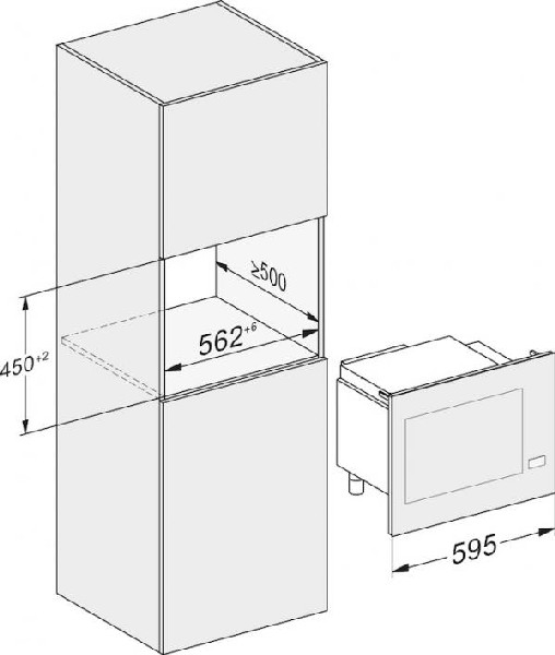 Dibujo técnico de un electrodoméstico empotrado con medidas.