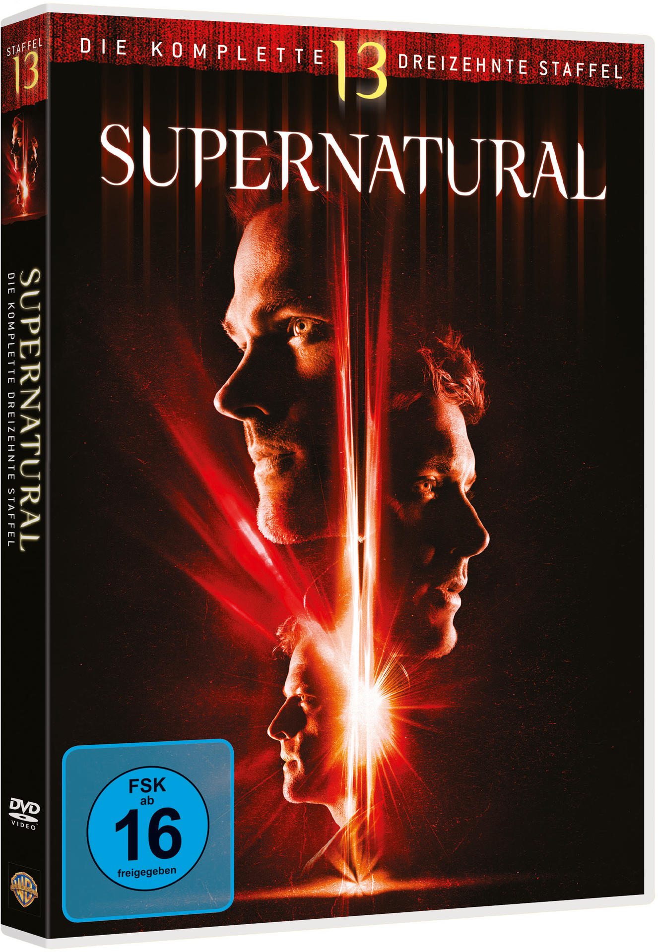 DVD-Cover von Supernatural, mit drei Gesichtern und roter Beleuchtung.