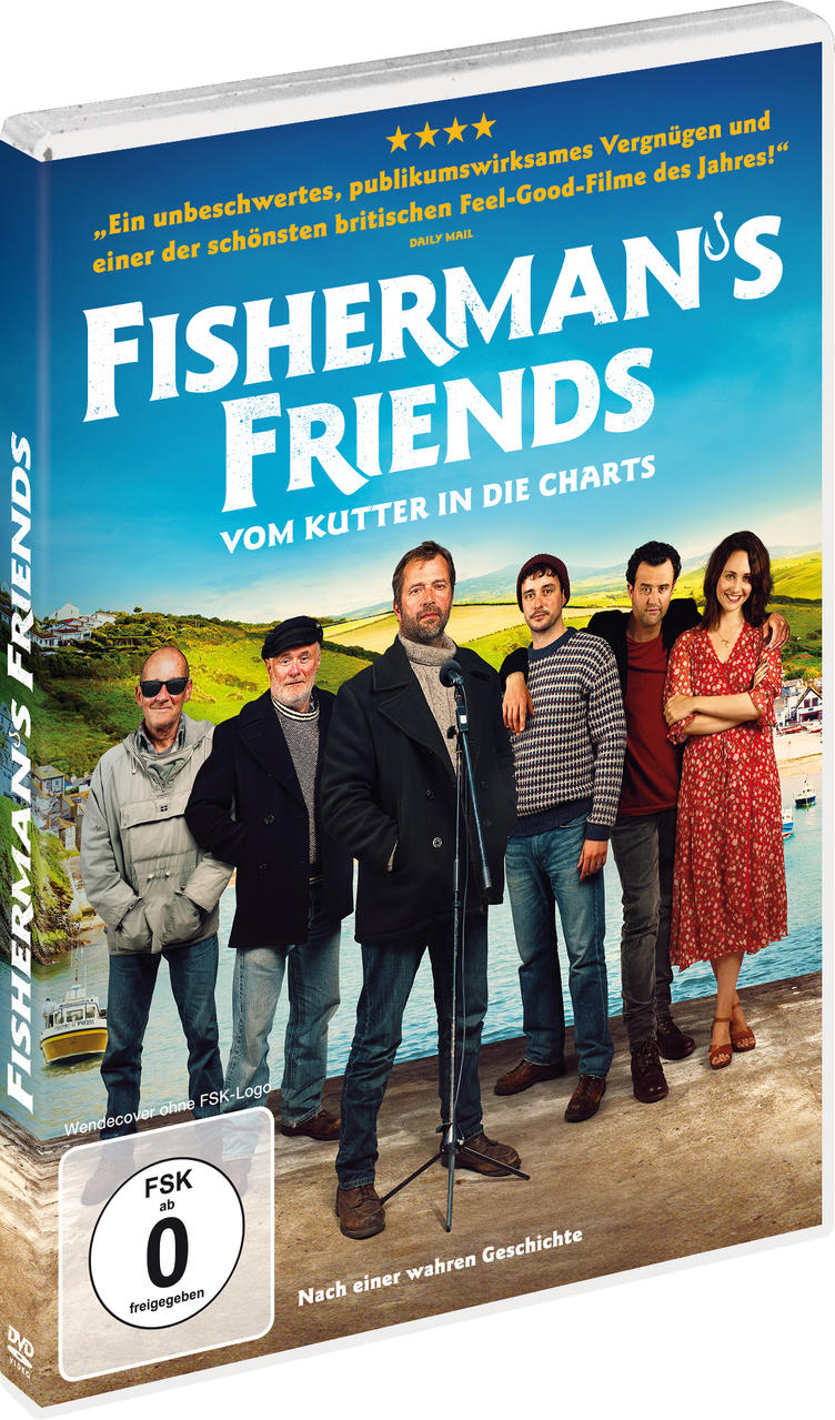 DVD-Cover von 'Fisherman's Friends'. Gruppe von sechs Personen vor blauem Himmel.