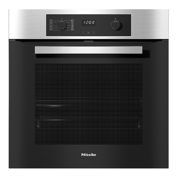 Horno empotrado con parte superior de acero inoxidable, puerta negra y panel de control arriba.