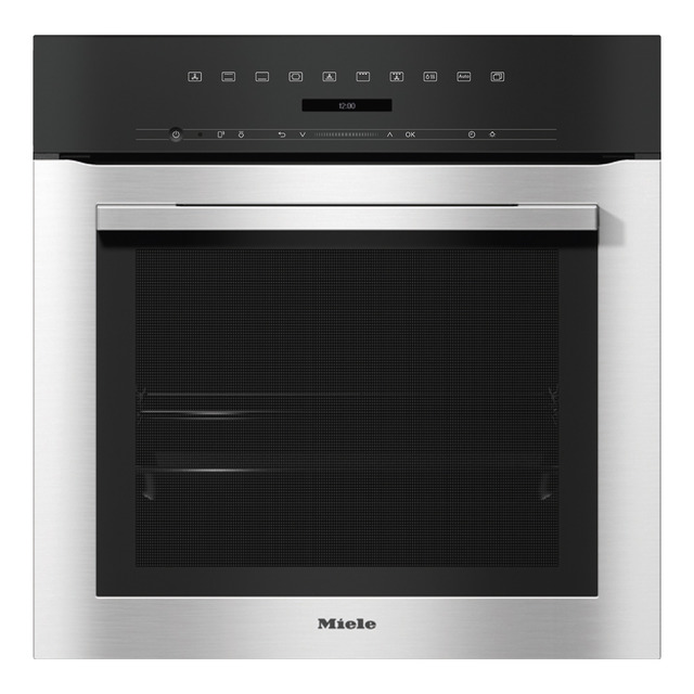 Horno de acero inoxidable con panel de control negro en la parte superior. Logotipo de Miele abajo.