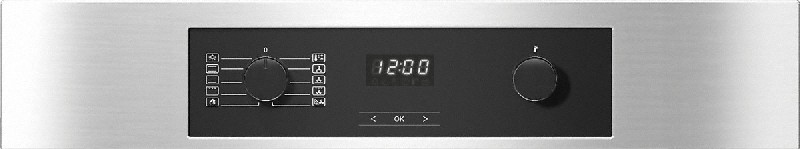 Panel de control de horno con perillas, pantalla digital 12:00 y botones.