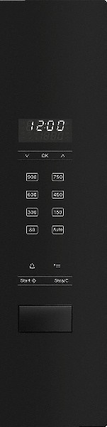 Panel de control negro con pantalla digital (12:00), botones de tiempo y temperatura.
