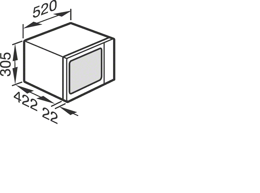 Dibujo técnico de un microondas. Muestra dimensiones: 520x305x422mm.
