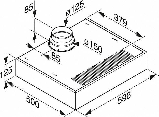 Vista isométrica de una campana de ventilación rectangular, con dimensiones y etiquetas.