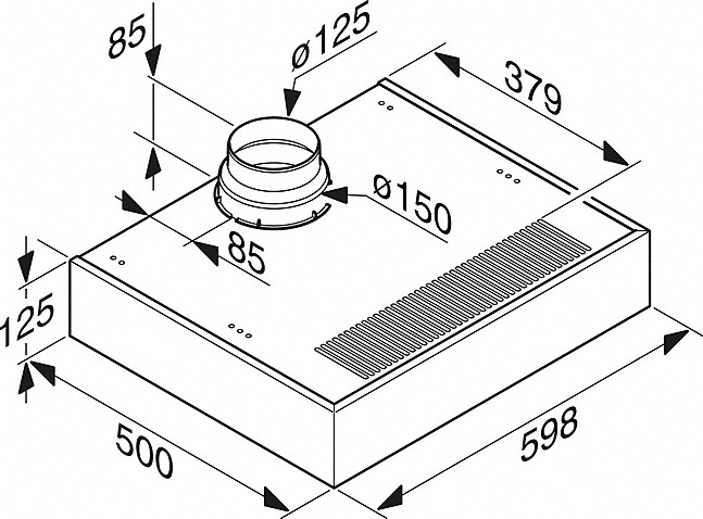 Dibujo técnico de una campana extractora con dimensiones y medidas en milímetros.