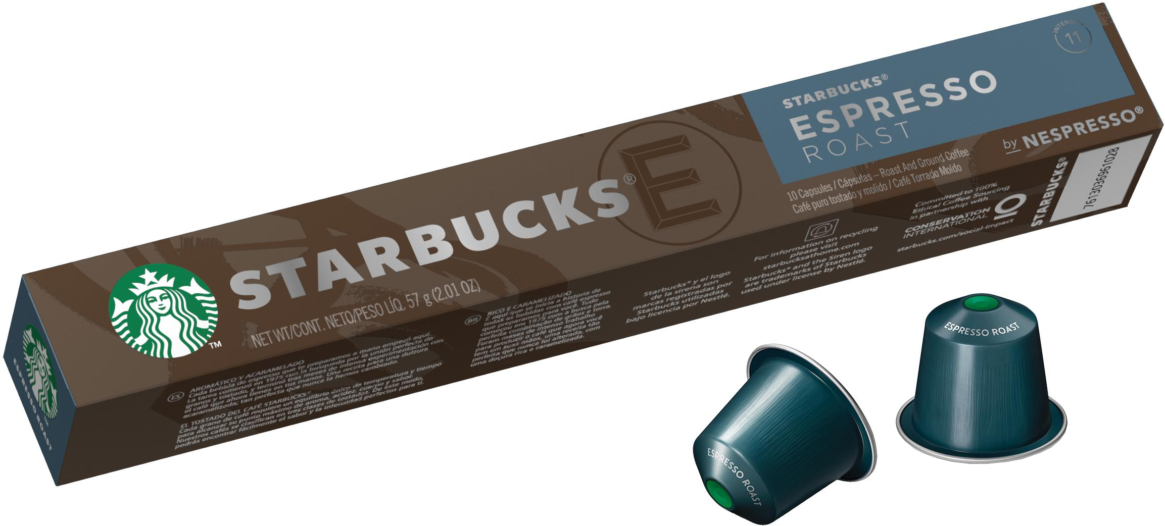 Boîte de capsules Starbucks Espresso Roast Nespresso, avec deux capsules à côté.