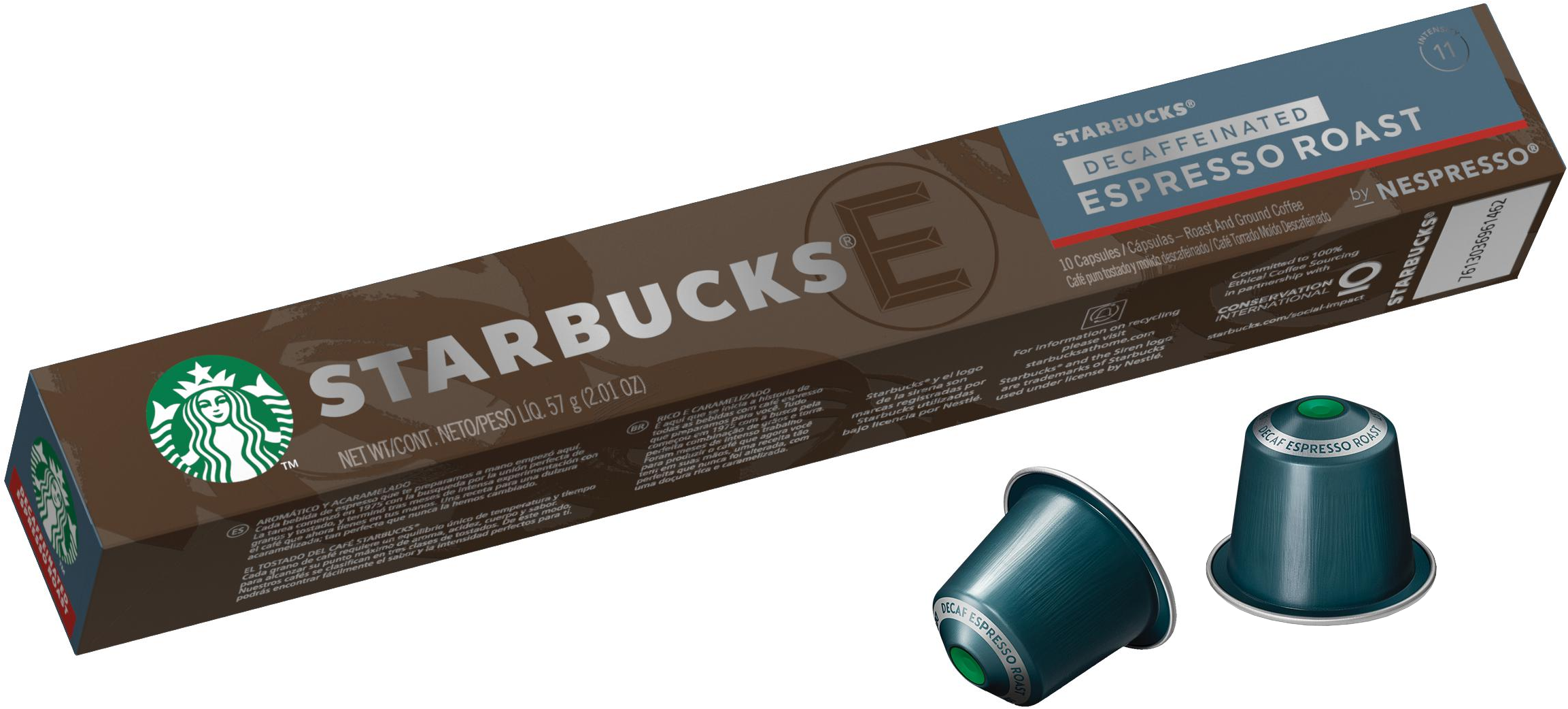 Capsules Starbucks Espresso Torréfié Décaféiné dans une boîte et deux à côté.