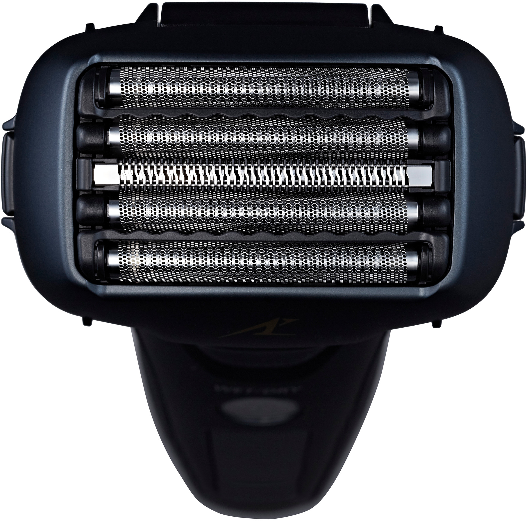 Nahaufnahme eines blau-schwarzen Elektrorasiererkopfes mit vier silbernen Klingen.