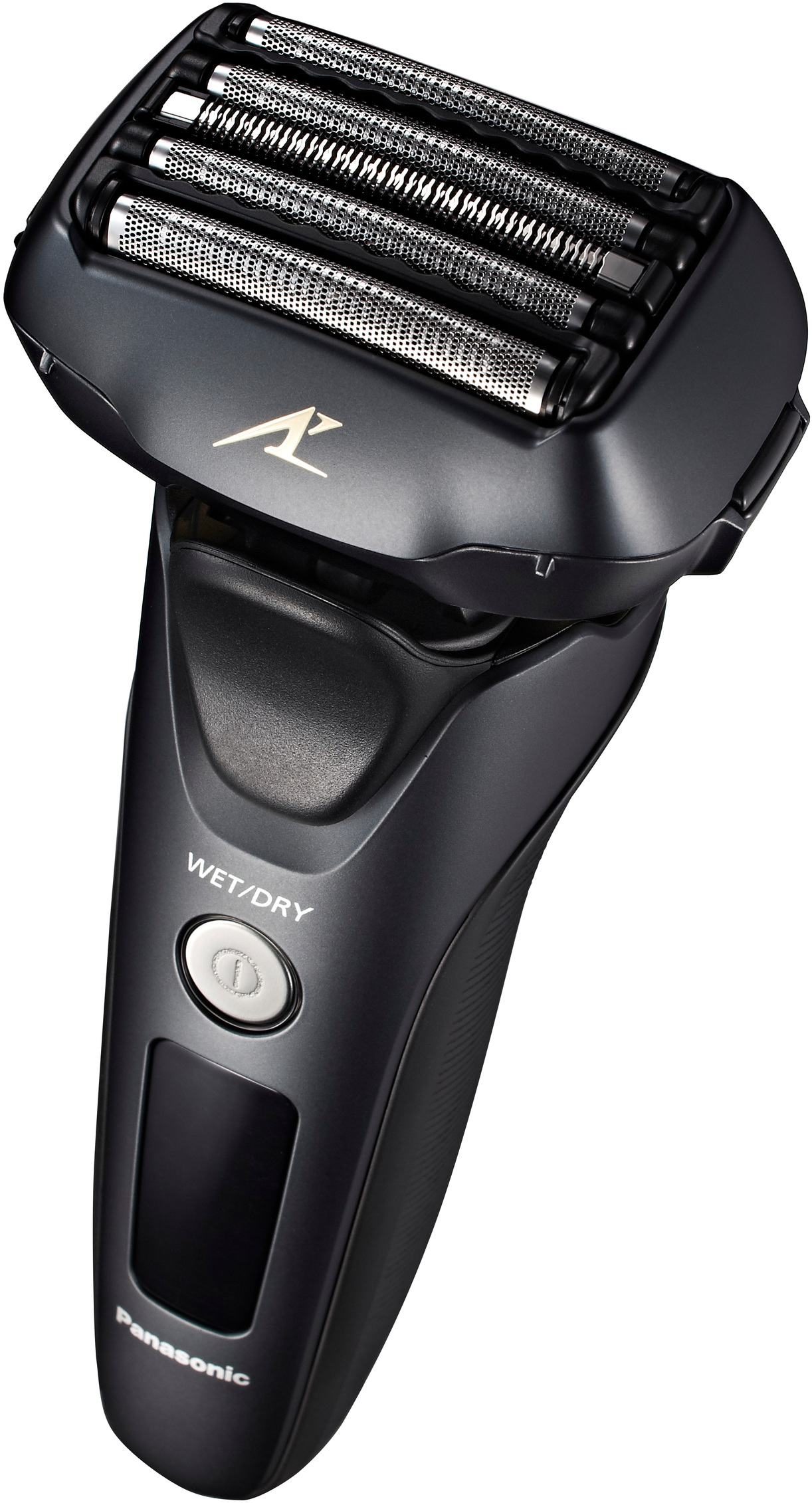 Ein schwarzer elektrischer Rasierer von Panasonic. Der Rasierer hat eine Nass/Trocken-Taste.