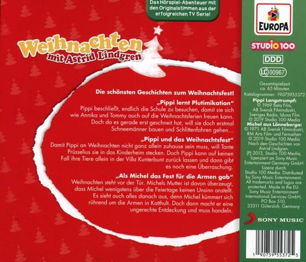 Rückseite einer Weihnachts-DVD-Hülle, roter Hintergrund, weißer Text und grüne Bäume.