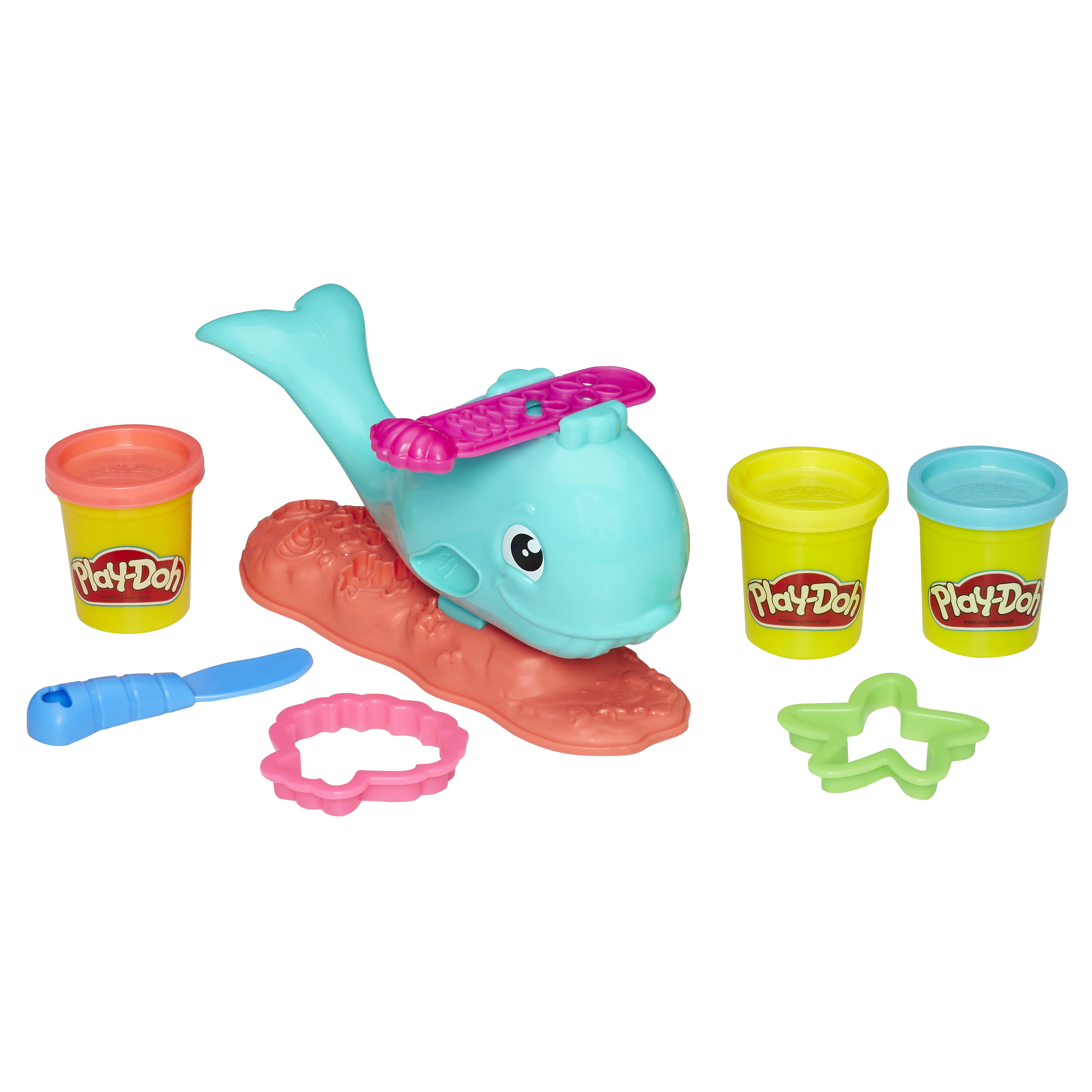 Ein Play-Doh-Set mit einem blauen Wal, Play-Doh-Tuben und Formen.