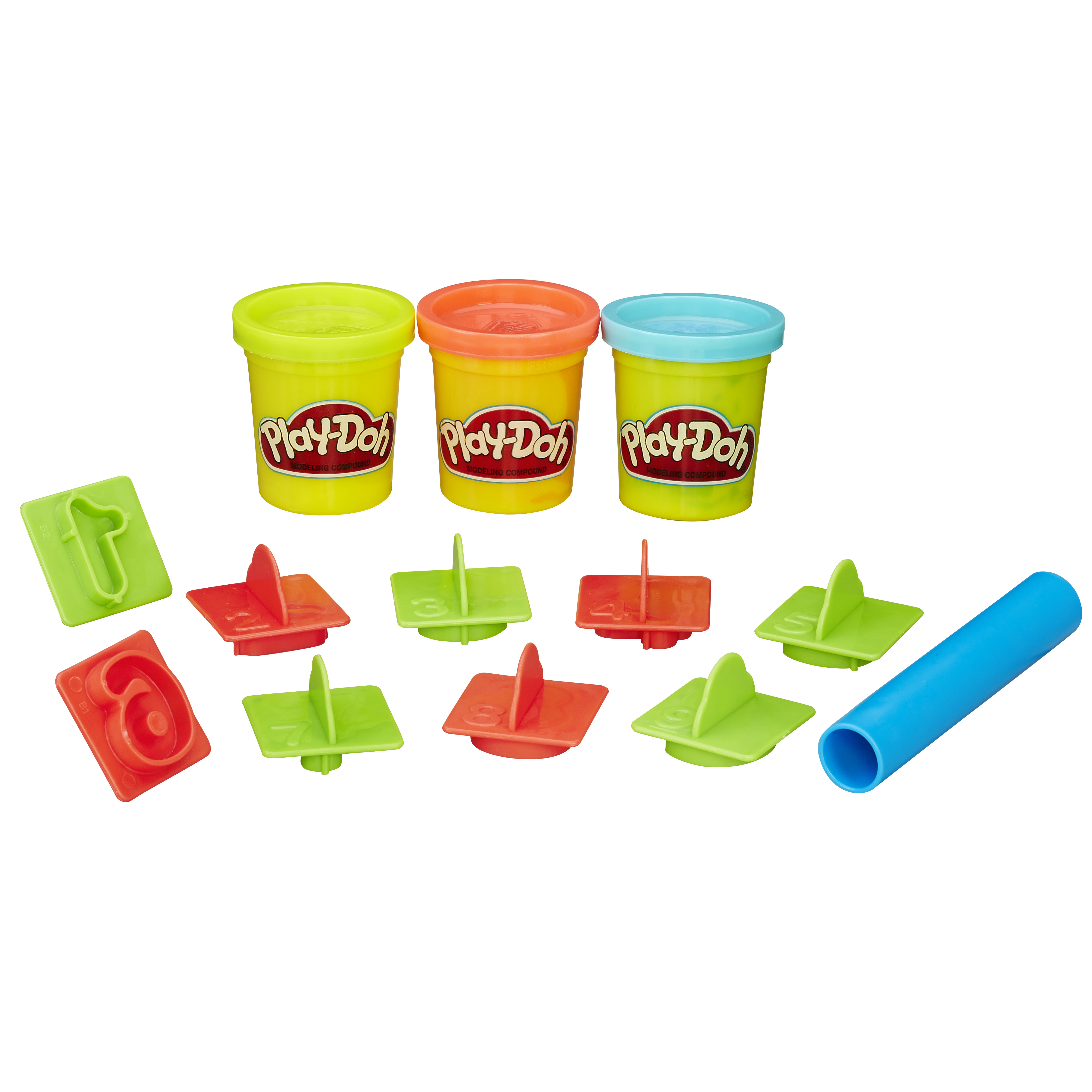 Play-Doh-Set mit bunten Behältern und Formen.