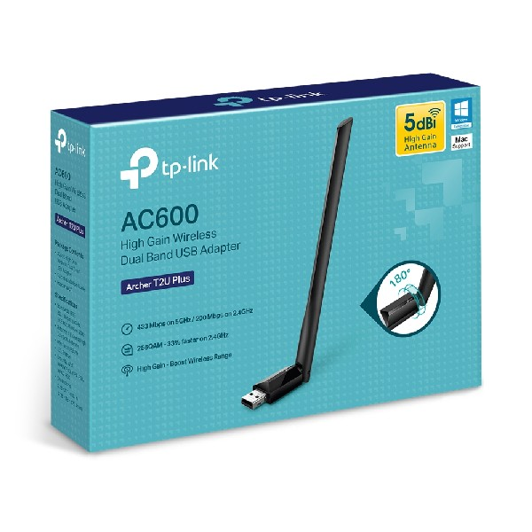 Caja azul y blanca de un adaptador USB de doble banda inalámbrico de alta ganancia TP-Link AC600.