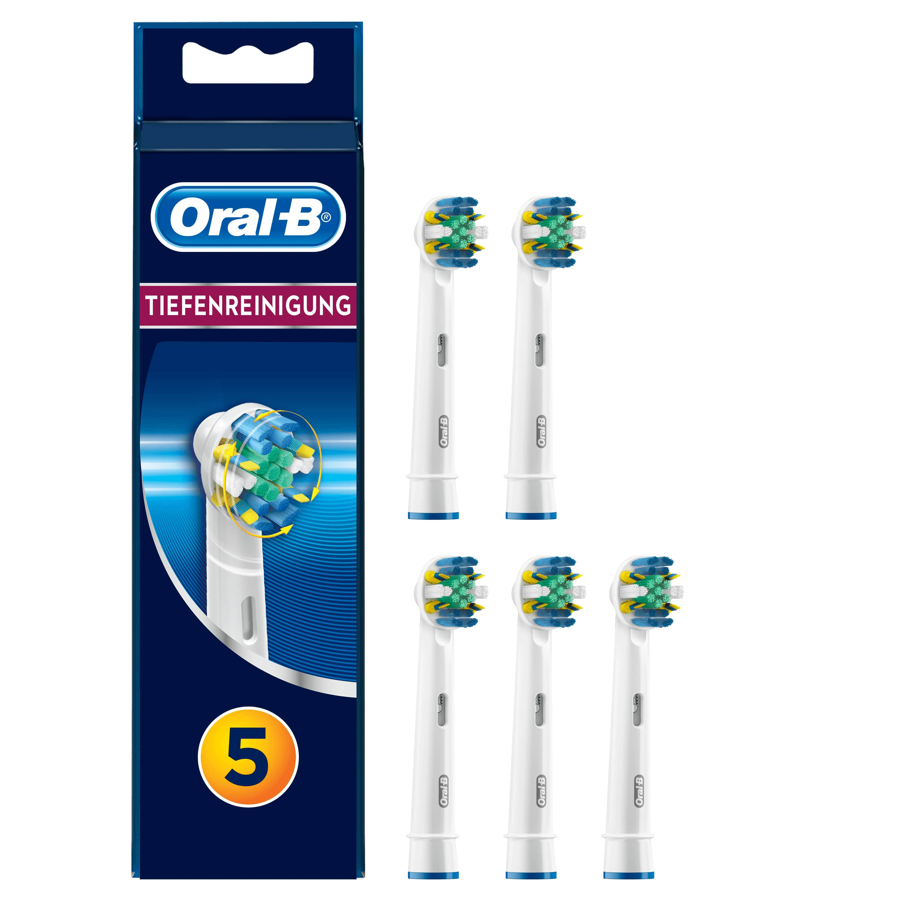 Oral-B Tiefenreinigung Ersatzköpfe. Box mit 5 Ersatzköpfen. Weiße Köpfe mit bunten Borsten.