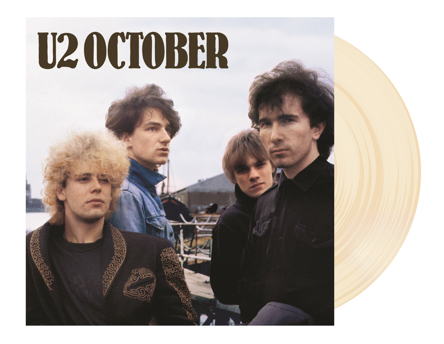 U2-Albumcover. Vier Männer stehen zusammen, Albumcover mit beigem Vinyl rechts.
