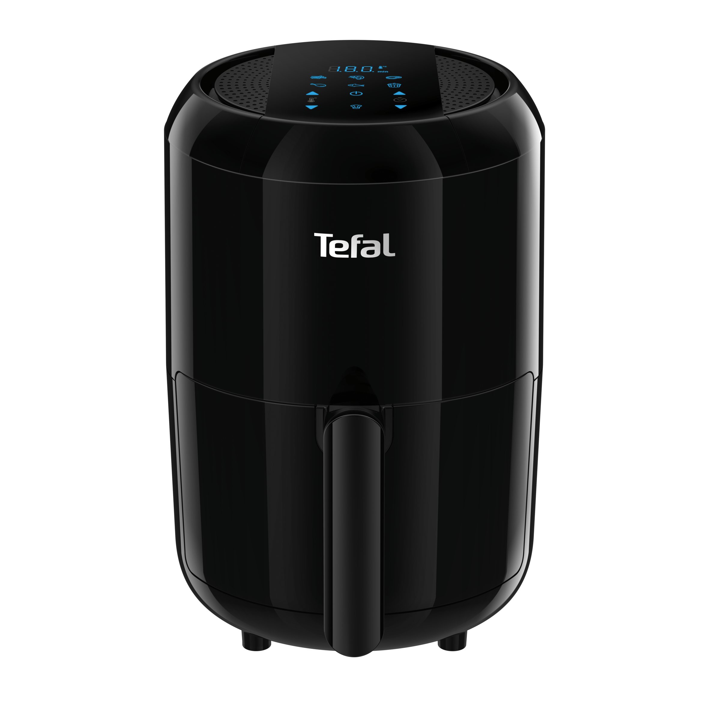 Black Tefal air fryer. It has a handle and a digital display with buttons on top. Black background.