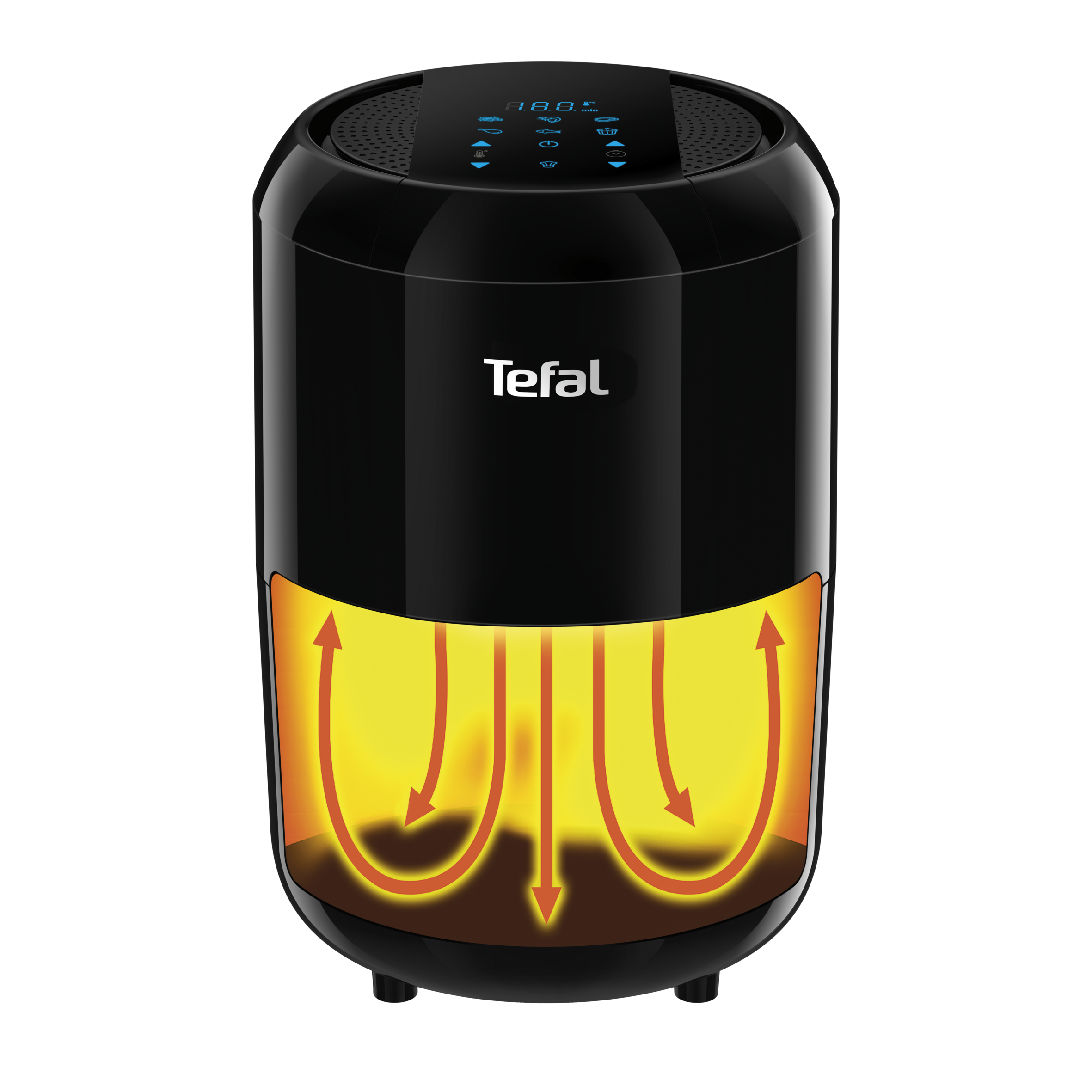 A black Tefal air fryer with orange glowing heat effect. It has a digital display on top.
