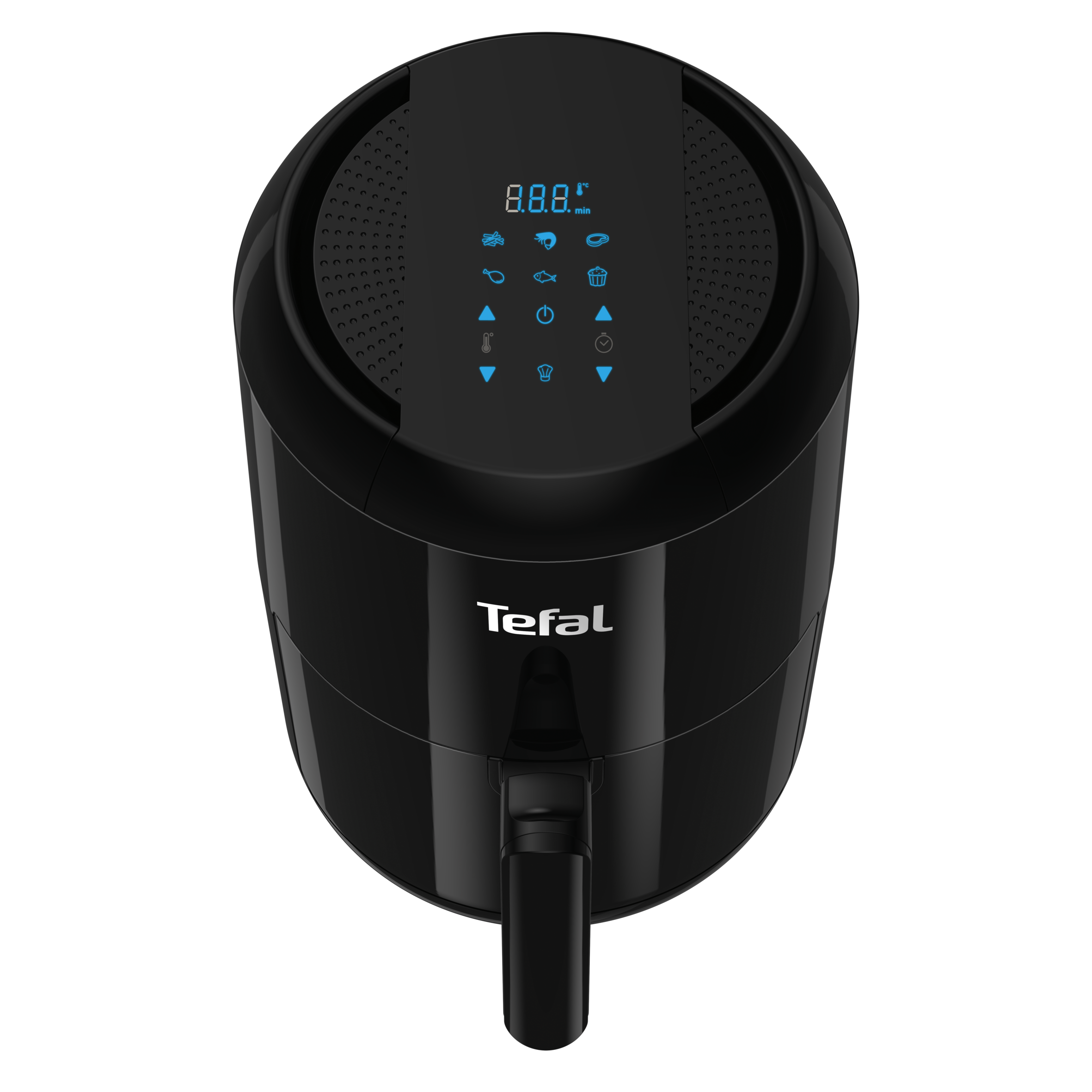 Black air fryer with a digital display showing blue numbers and cooking icons. Tefal logo visible.