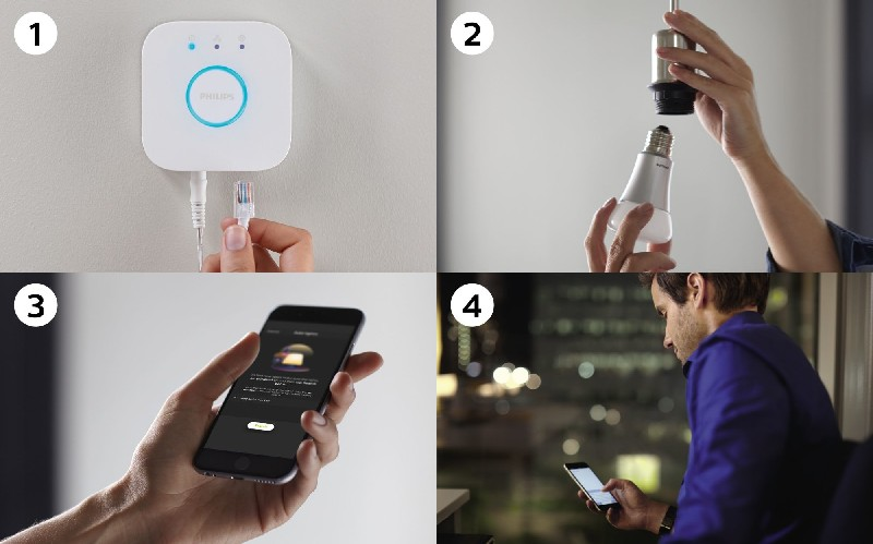 Kit 3 bombillas Bluetooth - Philips Hue LED E27, puente y mando, Luz blanca cálida, Domótica
