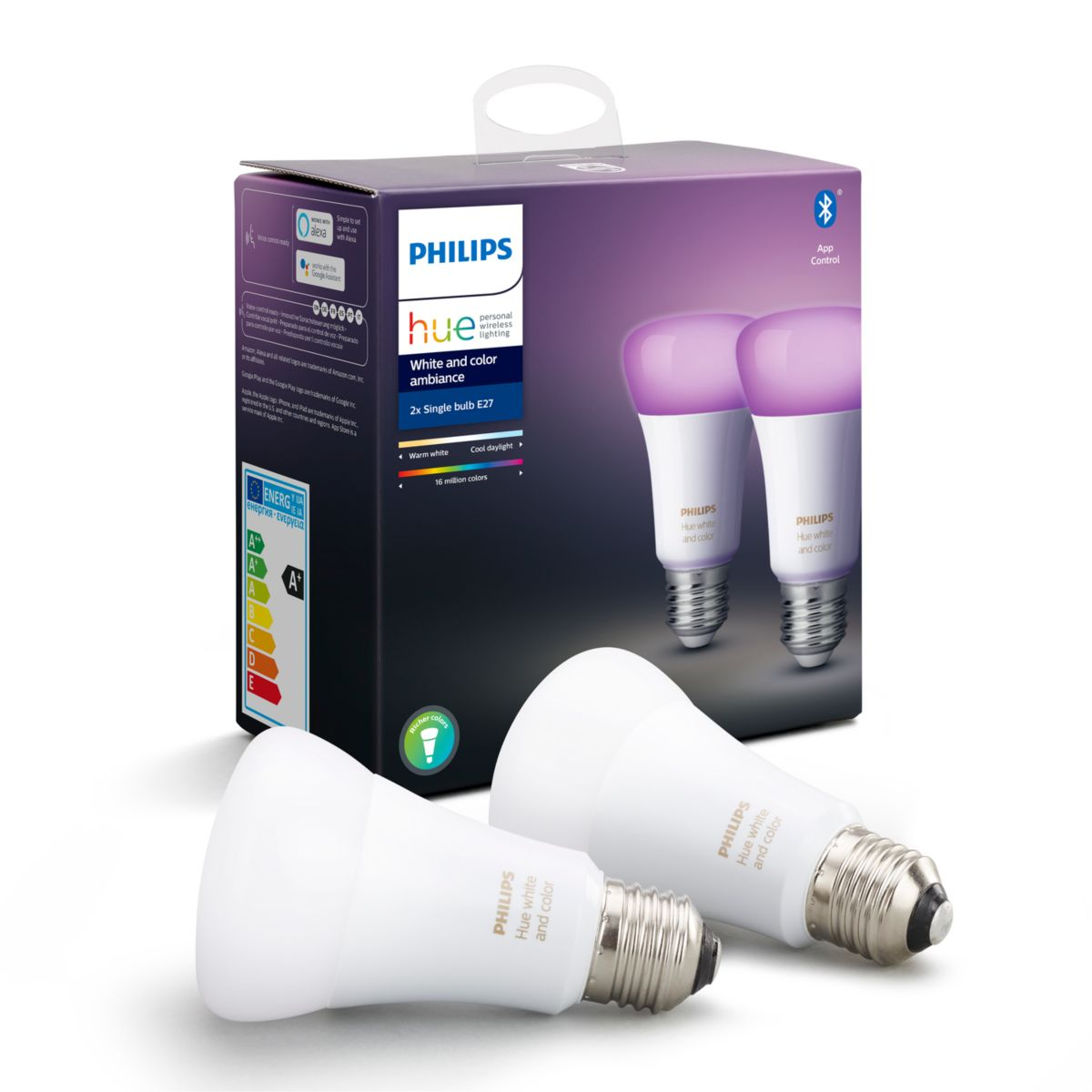 Pack 2 bombillas Bluetooth - Philips Hue LED E27, Luz blanca y color, Domótica