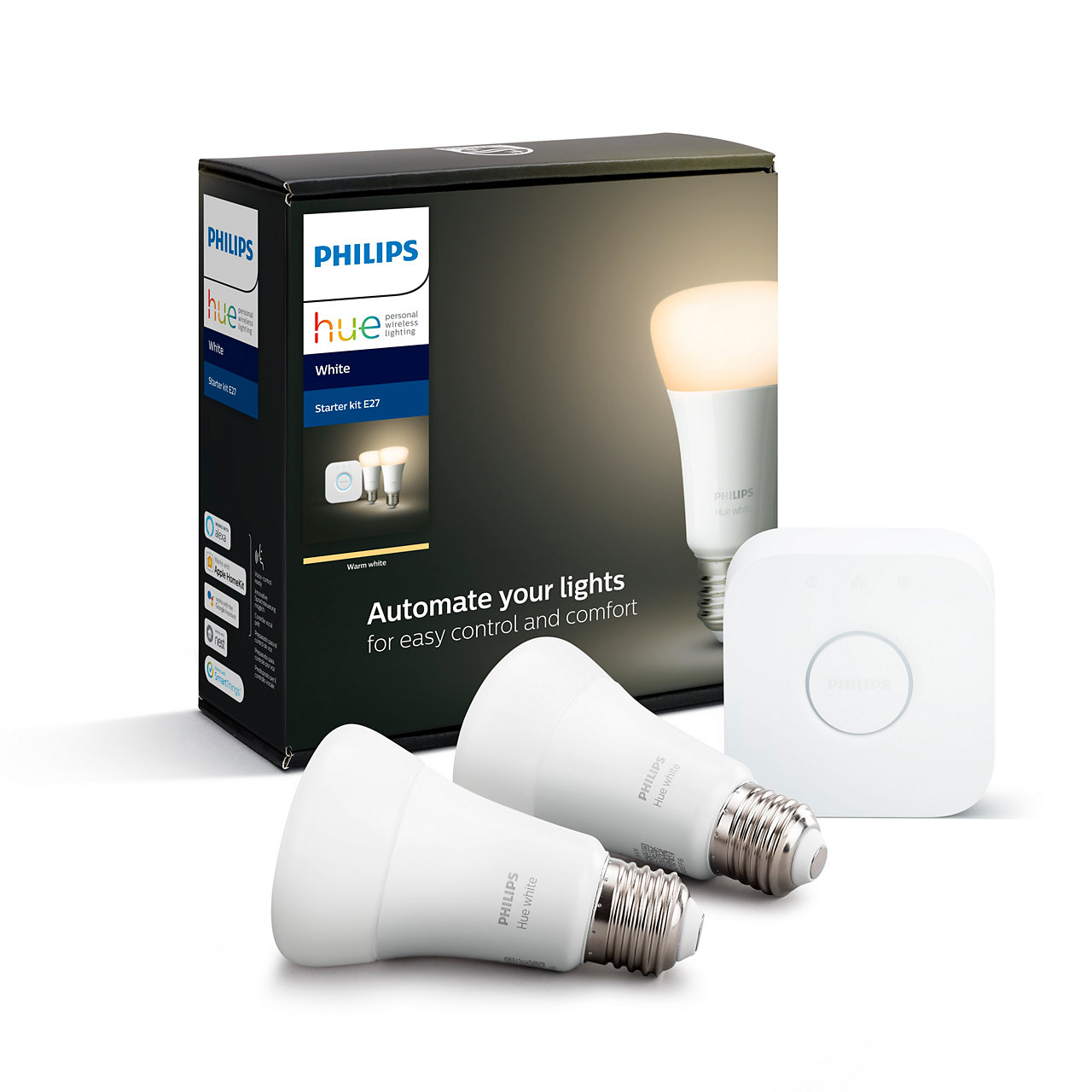 Kit de iluminación - Philips Hue, 2 bombillas, Inteligente, LED, Puente, Luz blanca cálida