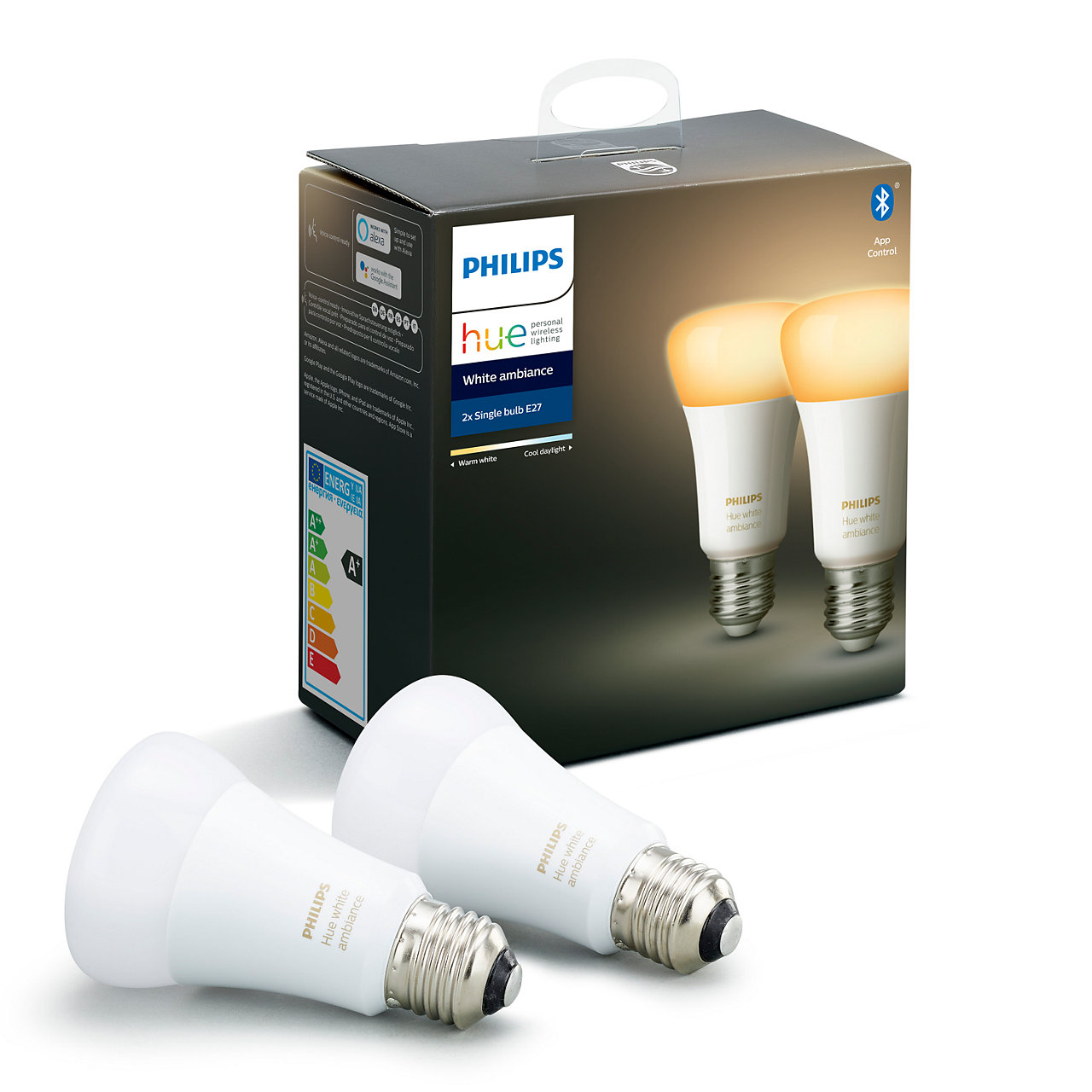 Pack 2 bombillas Bluetooth - Philips Hue LED E27, Luz blanca cálida a fría, Domótica