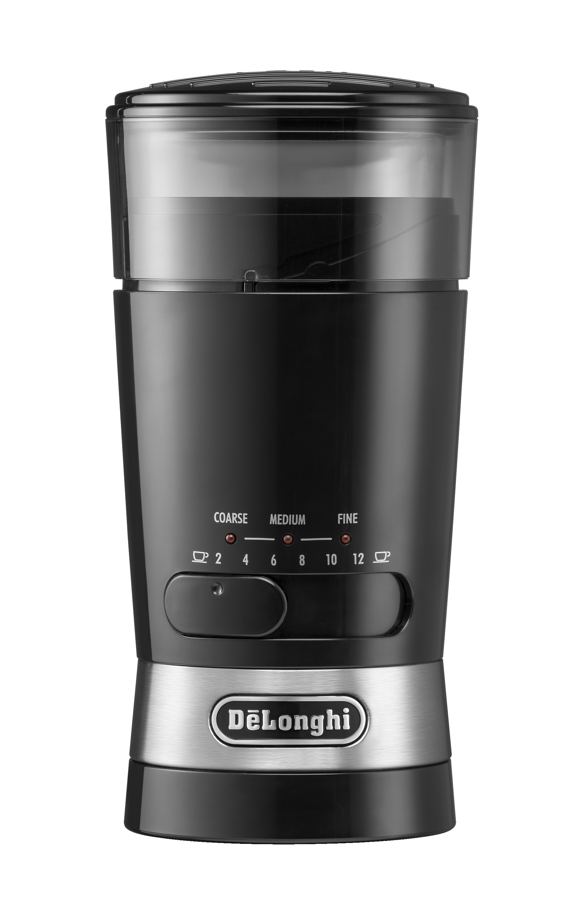 DE LONGHI Elektrische Kaffeemühle Schwarz Silber KG210 Kaffeemühle (Schwarz, 170 W, Mahlwahlschalter für die perfekte Mahleinstellung von grob über mittel bis fein beleuchtete Anzeige)