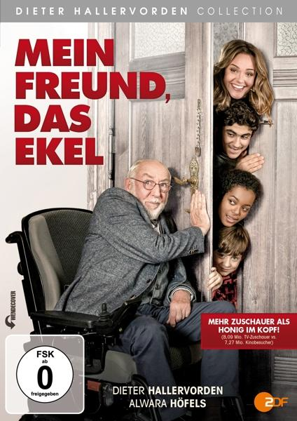 DVD-Cover: Älterer Mann im Rollstuhl, umgeben von Familie. Text: Mein Freund, das Ekel.