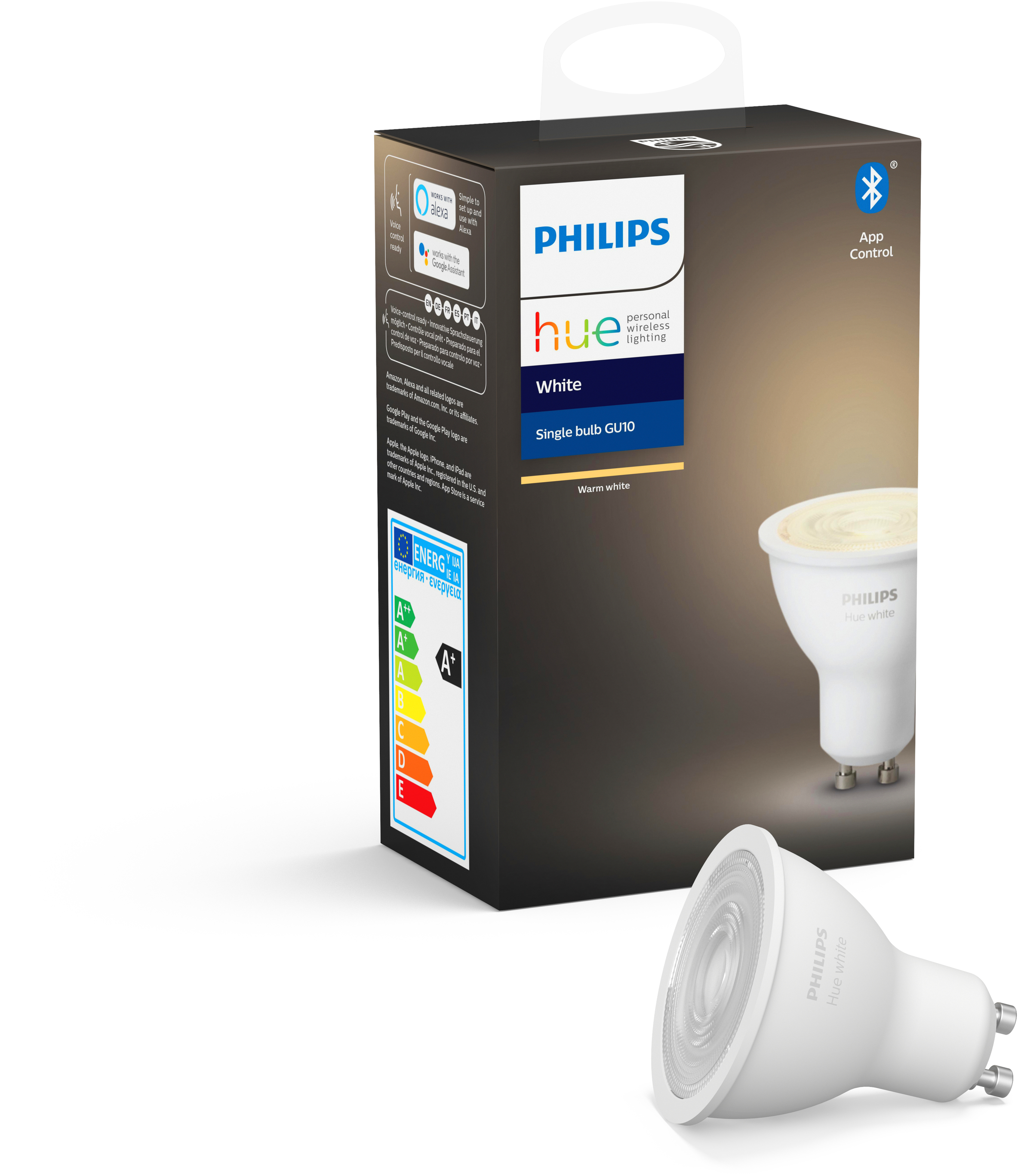 Philips Hue Glühbirnenbox und -birne, weiß, mit Bluetooth.