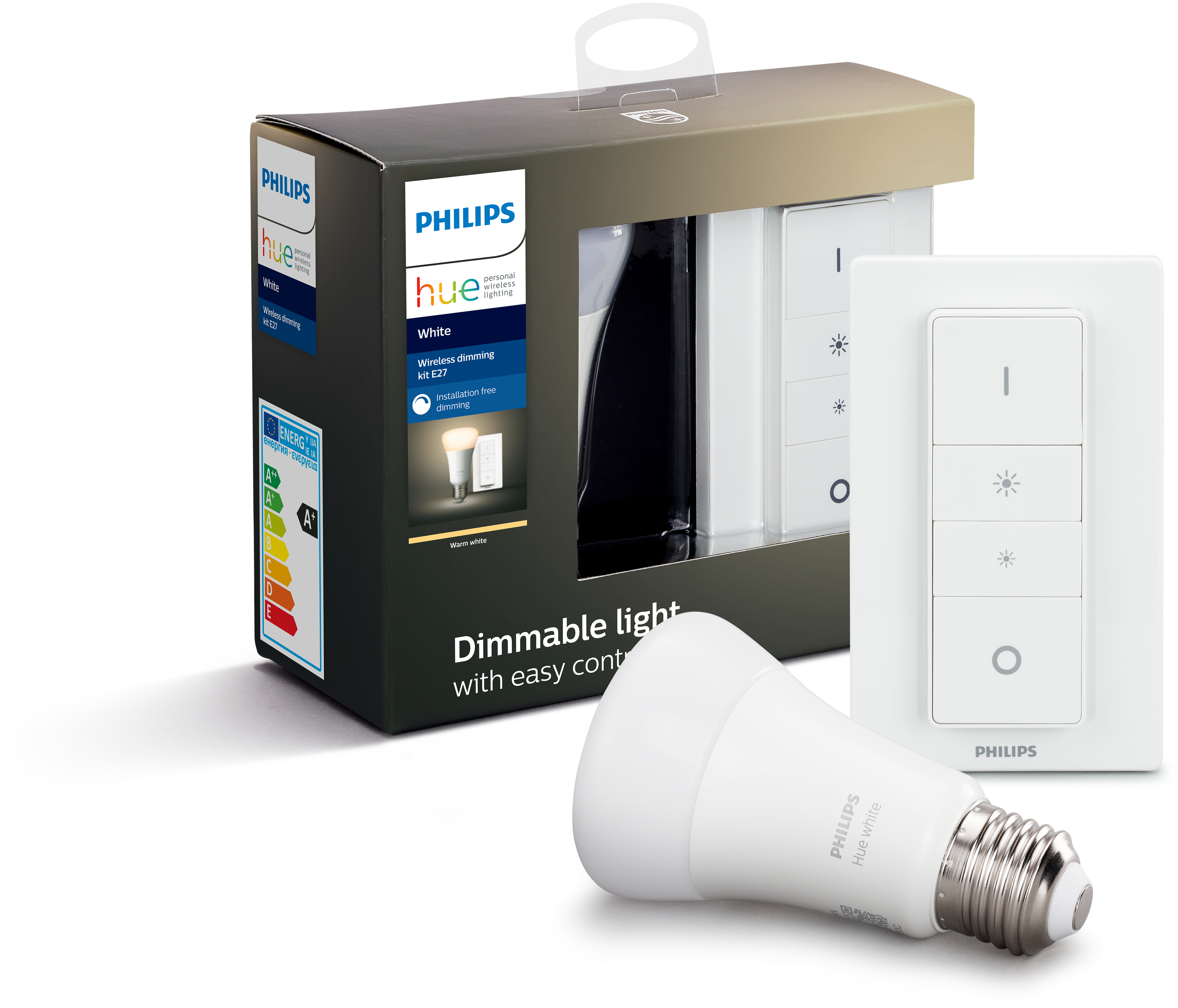 Philips Hue Smart Lighting Set: eine Box, eine Glühbirne und ein Dimmschalter.