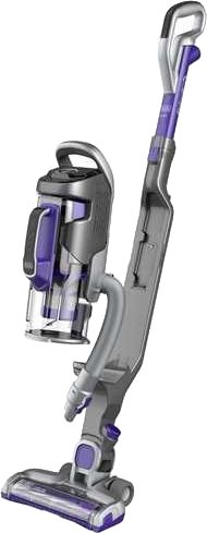 Aspirateur vertical, gris et violet.