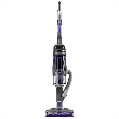Aspirateur vertical avec des accents violets sur fond blanc.