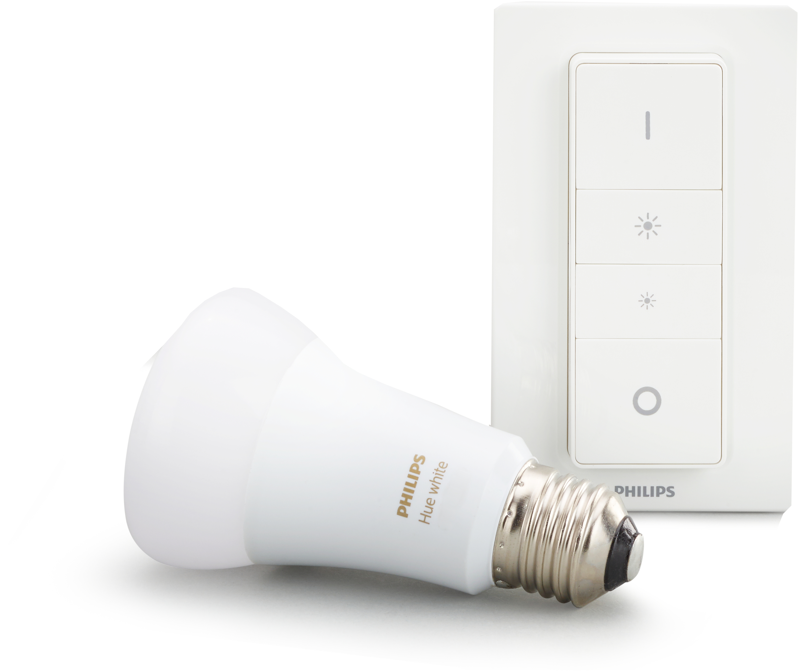 Weiße Philips Hue-Glühbirne und ein weißer Wandschalter.